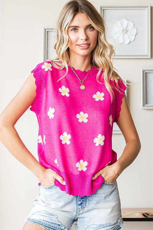 FLORAL PATTERN CROCHET KNITTED TOP