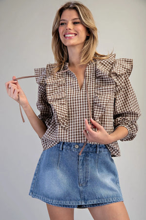 GINGHAM PRINT RUFFLED TOP