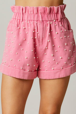 WASHED PEARL STUDDED PAPERBAG SHORTS