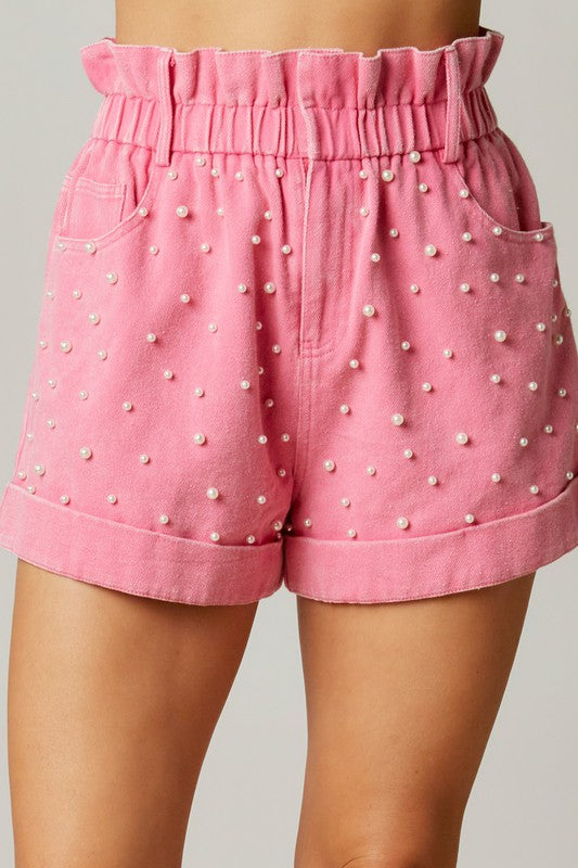 WASHED PEARL STUDDED PAPERBAG SHORTS
