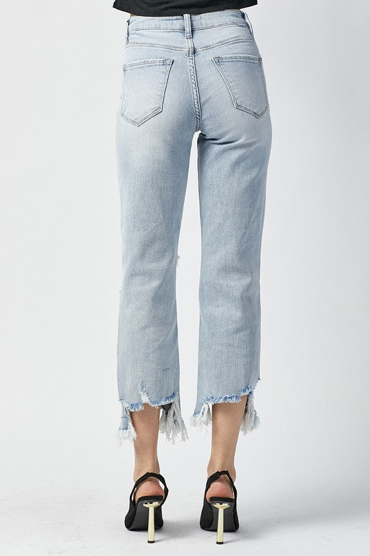 DISTRESSED HIGH RISE CROP JEANS