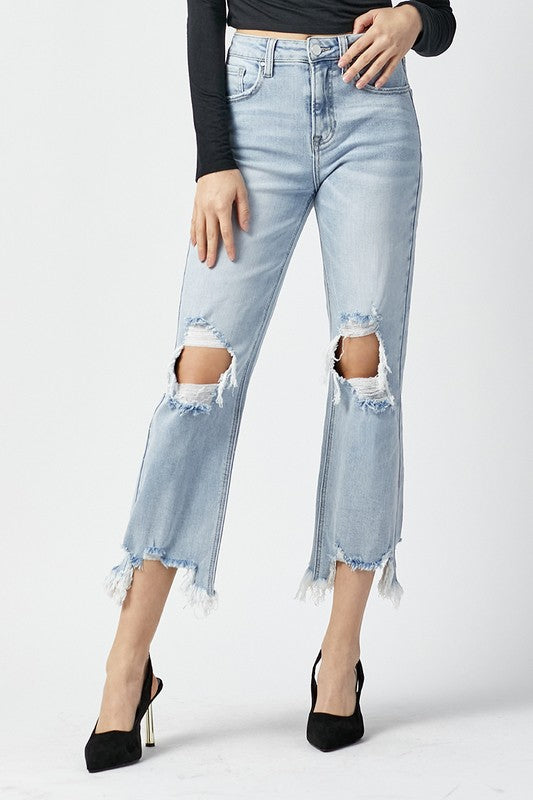 DISTRESSED HIGH RISE CROP JEANS