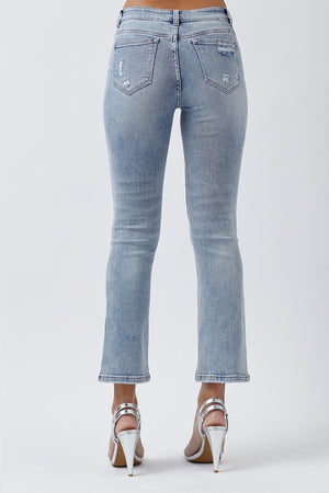 MID RISE DISTRESSED STRAIGHT LEG JEANS