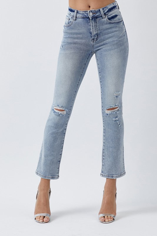 MID RISE DISTRESSED STRAIGHT LEG JEANS