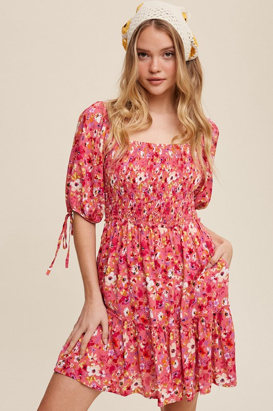 FLORAL PRINT SMOCKED DRESS