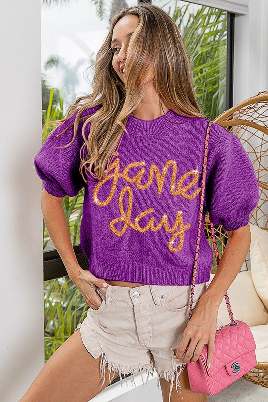 GAME DAY METALLIC LETTER SWEATER