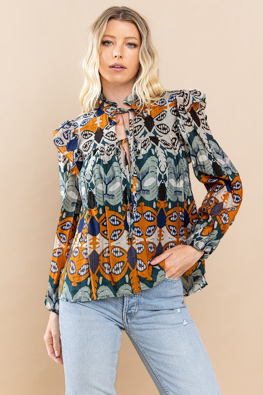 ABSTRACT PRINT RUFFLED SHOULDER TOP