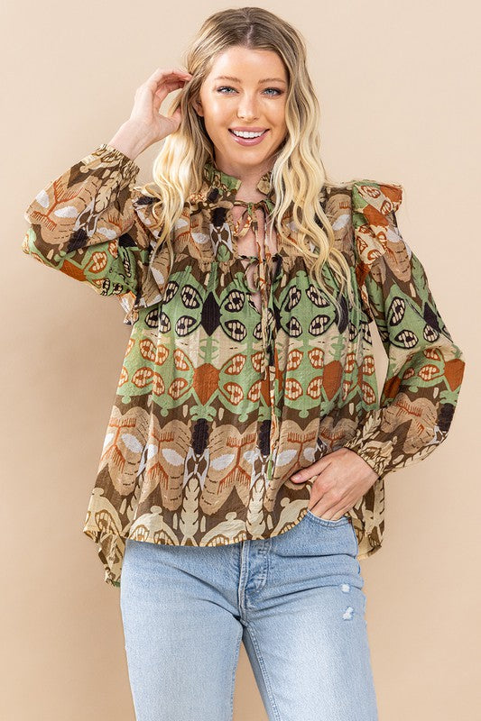 ABSTRACT PRINT RUFFLED SHOULDER TOP