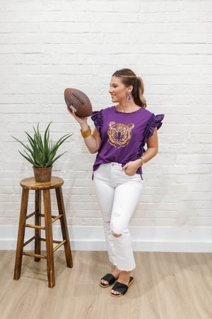 RUFFLE SLEEVE SEQUIN TIGER TOP