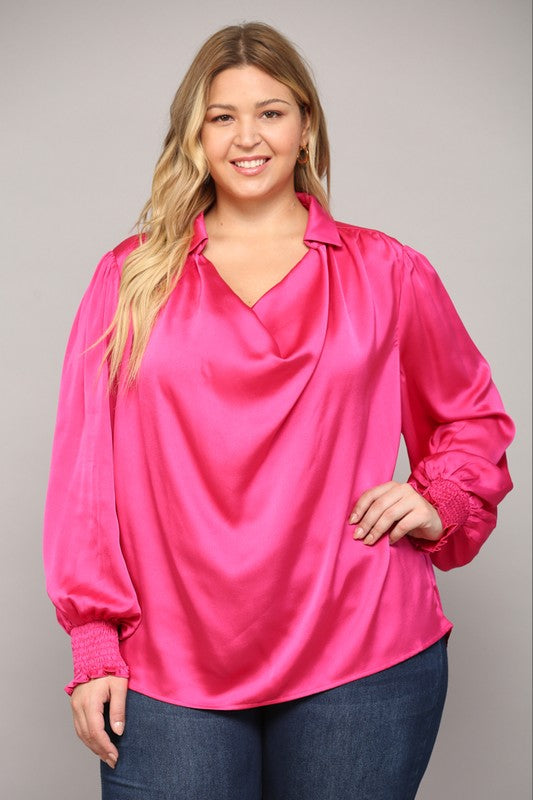 PLUS COWL NECK SATIN BLOUSE