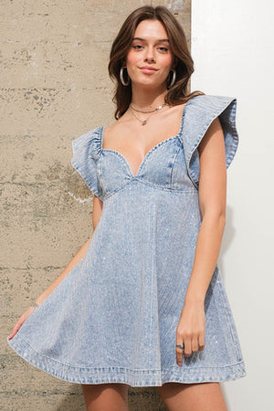 RUFFLED EMBELLISHED FLARE DENIM DRESS