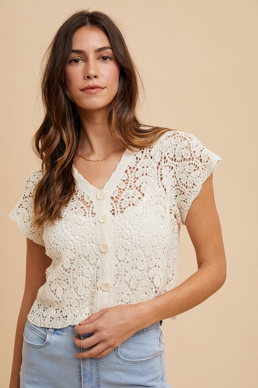 CROCHET BUTTON DOWN CROPPED CARDIGAN