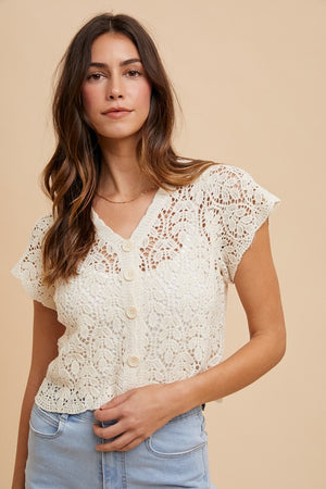 CROCHET BUTTON DOWN CROPPED CARDIGAN