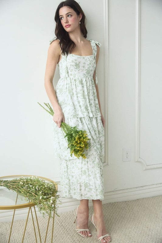 FLORAL TIE STRAP RUFFLE MIDI DRESS