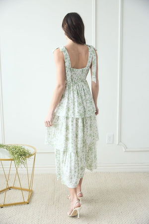 FLORAL TIE STRAP RUFFLE MIDI DRESS