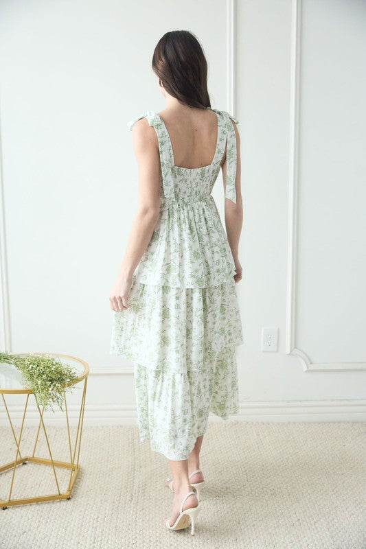 FLORAL TIE STRAP RUFFLE MIDI DRESS
