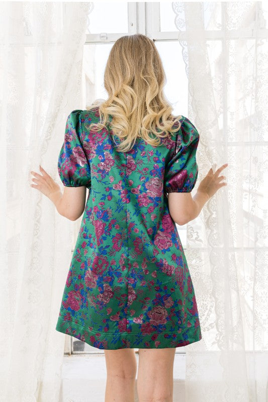 BOW NECK SATIN JACQUARD DRESS