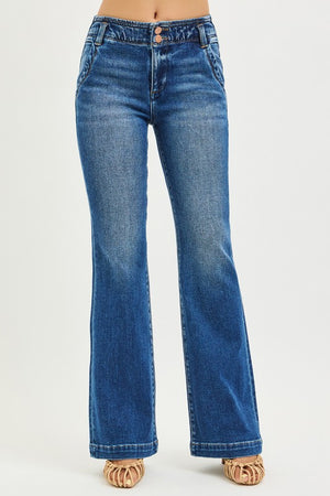 DOUBLE BUTTON HR FLARE JEANS - LondonEE & Co. 