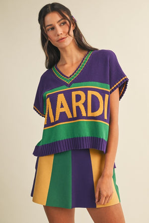 MARDI GRAS VARSITY SWEATER