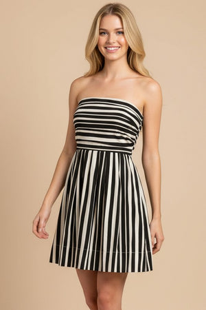 STRIPED STRAPLESS MIDI DRESS