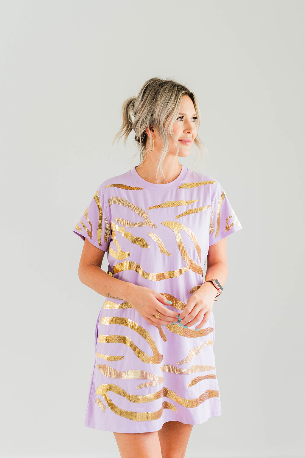 Gameday Purple and Gold Tiger Sequin Striped Dress
