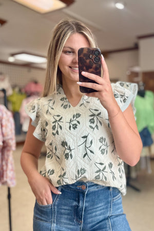 RUFFLE SLEEVE EMBROIDERED TOP