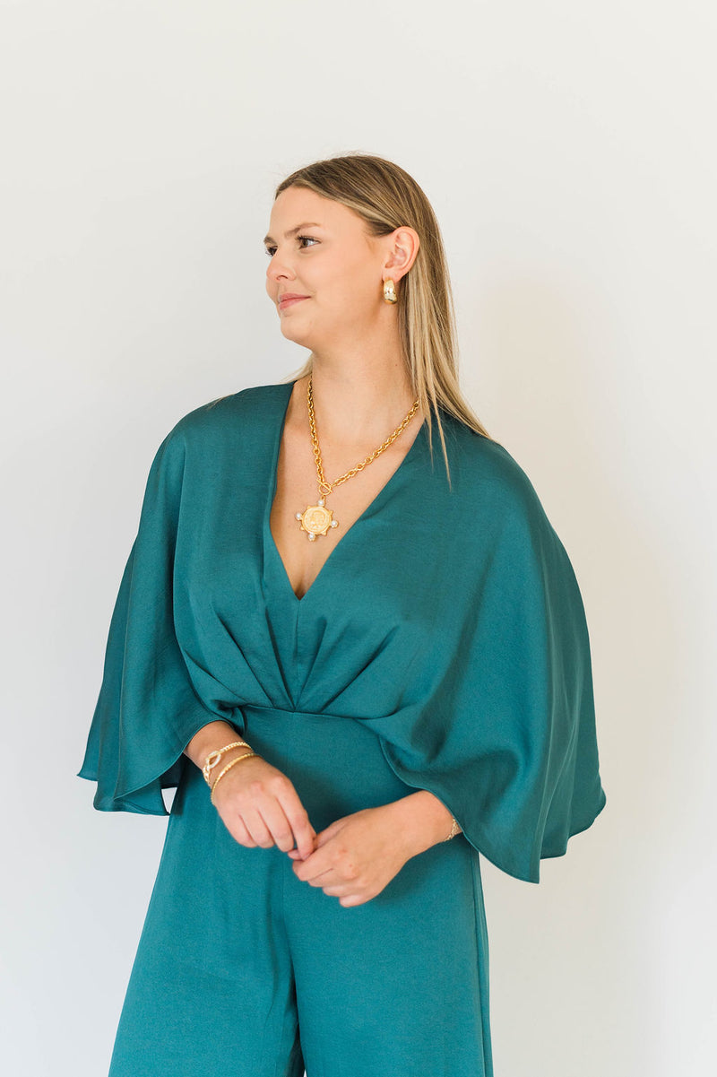 SATIN V-NECK CAPE JUMPSUIT