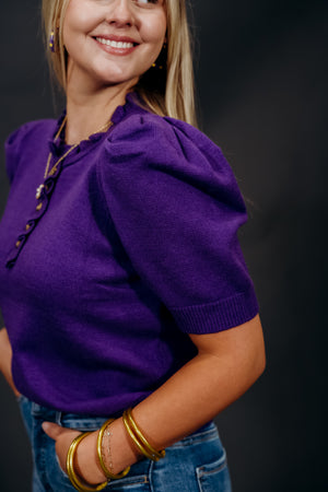 SHORT SLEEVE RUFFLE NECK SWEATER