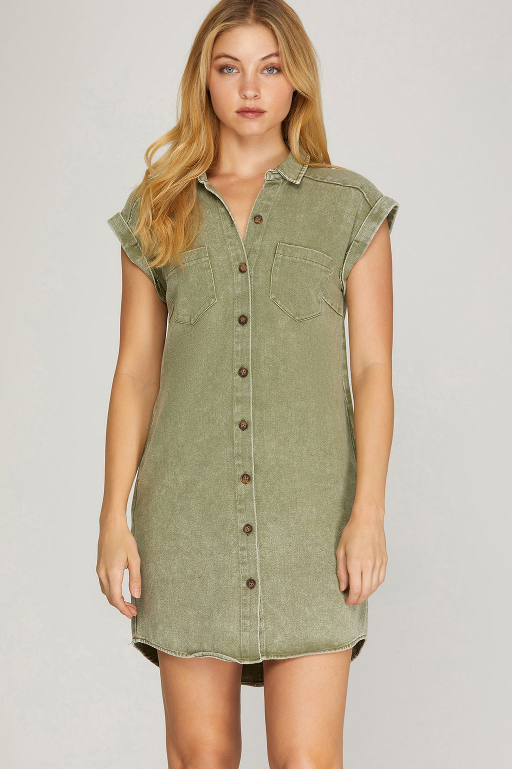 FOLDED CUFF BUTTON DOWN TWILL DRESS
