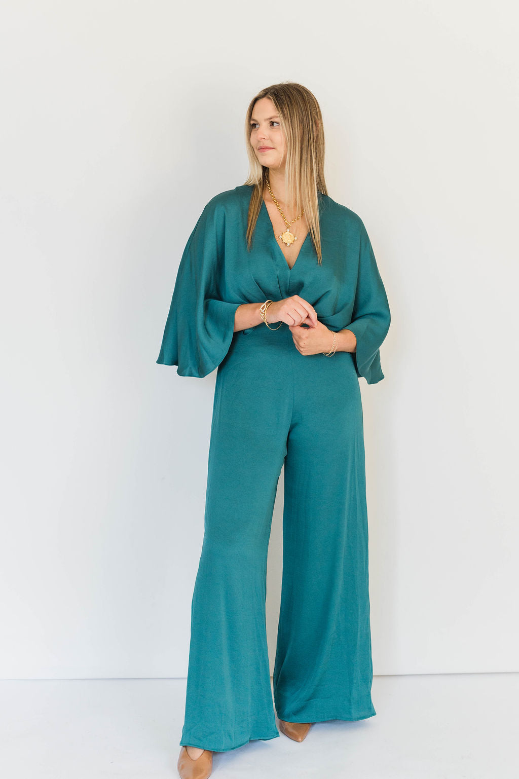 SATIN V-NECK CAPE JUMPSUIT