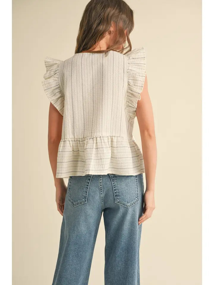 STRIPED TIE FRONT SLEVELESS BLOUSE