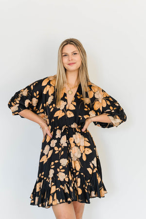 V-NECK SATIN FLORAL DRESS