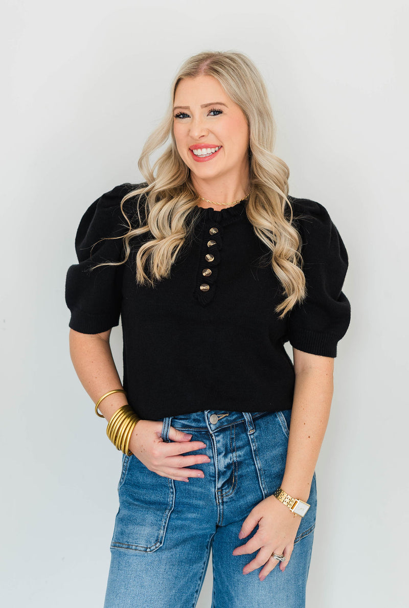 SHORT SLEEVE RUFFLE NECK SWEATER