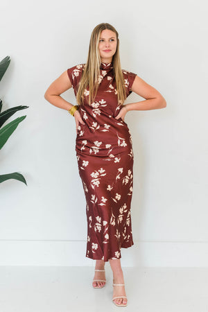 FLORAL PRINT SATIN MAXI DRESS