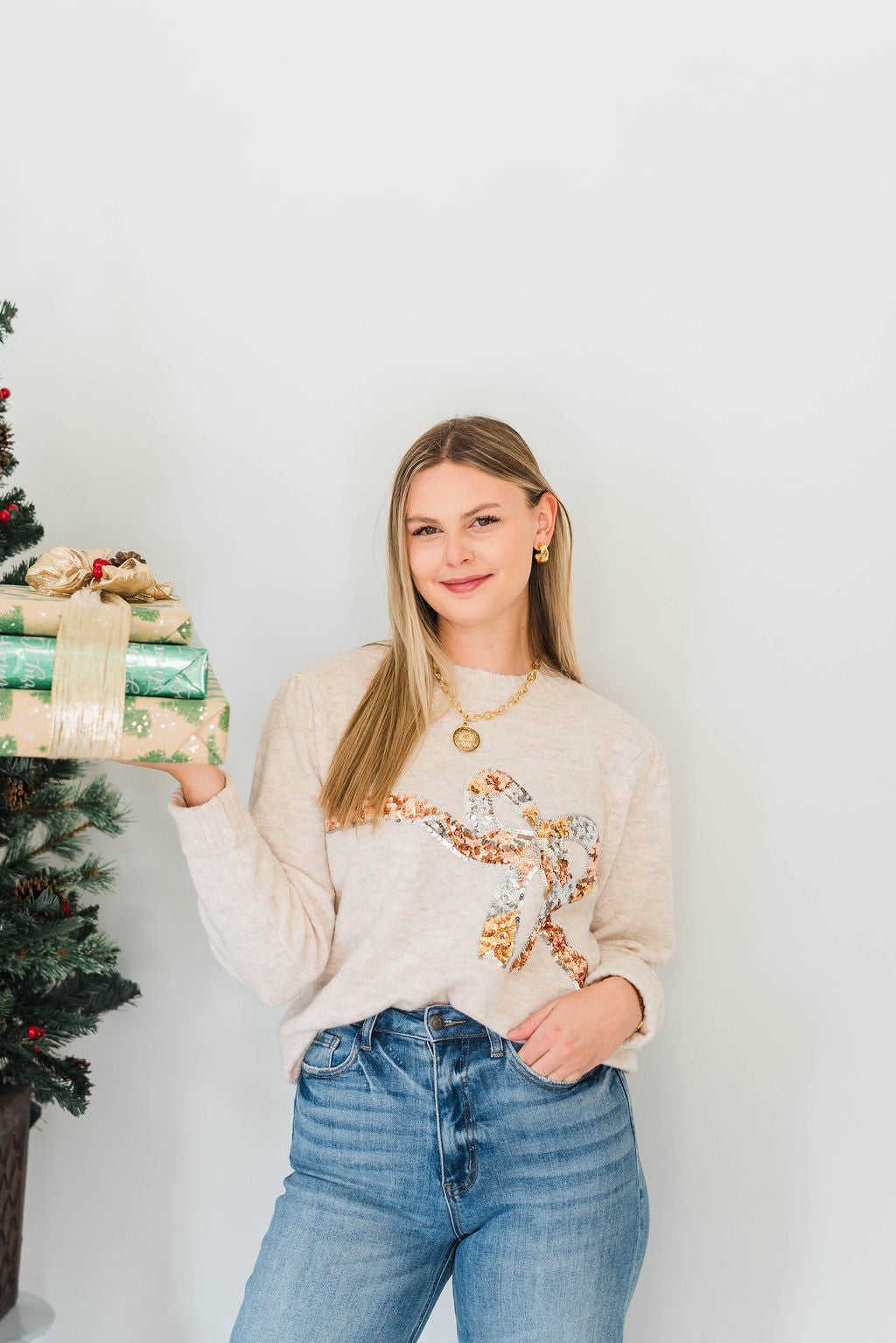 SEQUIN BOW COZY SWEATER