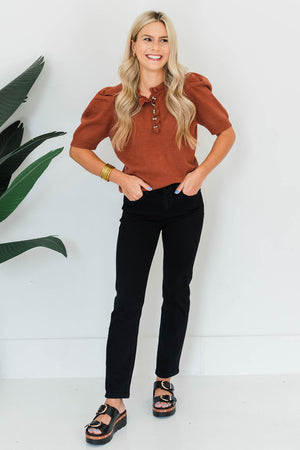 SHORT SLEEVE RUFFLE NECK SWEATER