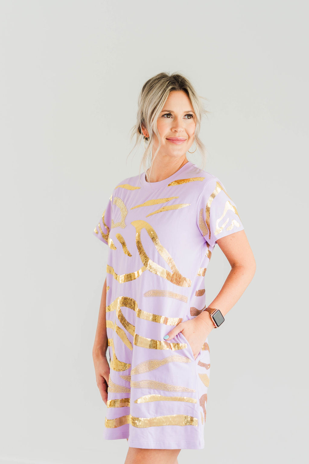 Gameday Purple and Gold Tiger Sequin Striped Dress