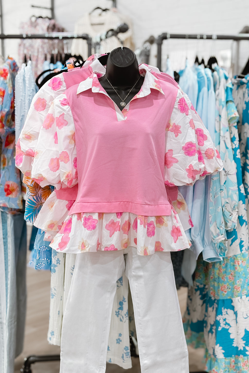 FLORAL PRINT BUBBLE SLEEVE TOP