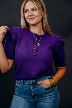 SHORT SLEEVE RUFFLE NECK SWEATER