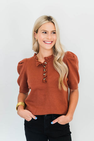 SHORT SLEEVE RUFFLE NECK SWEATER