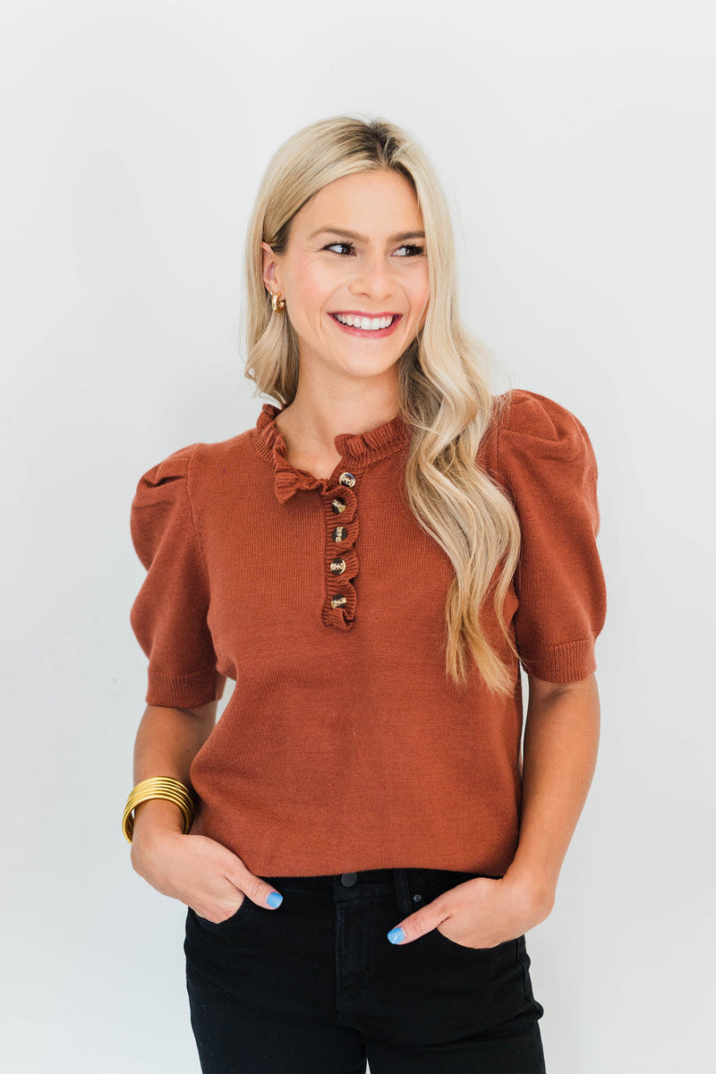 SHORT SLEEVE RUFFLE NECK SWEATER
