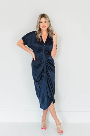 SATIN DOLMAN SLEEVE TIE FRONT DRESS