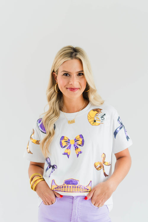 GAME DAY BOW SEQUIN TOP