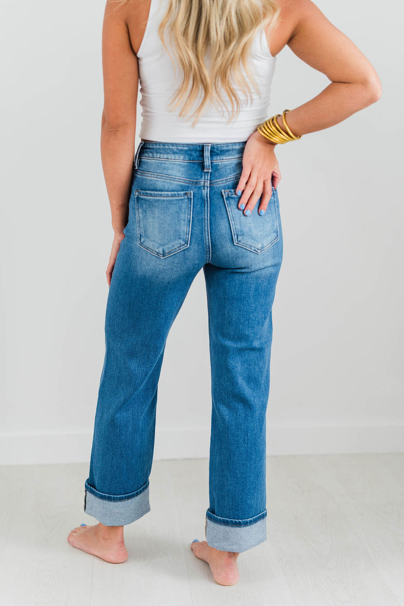 RISEN MID RISE CUFFED JEANS