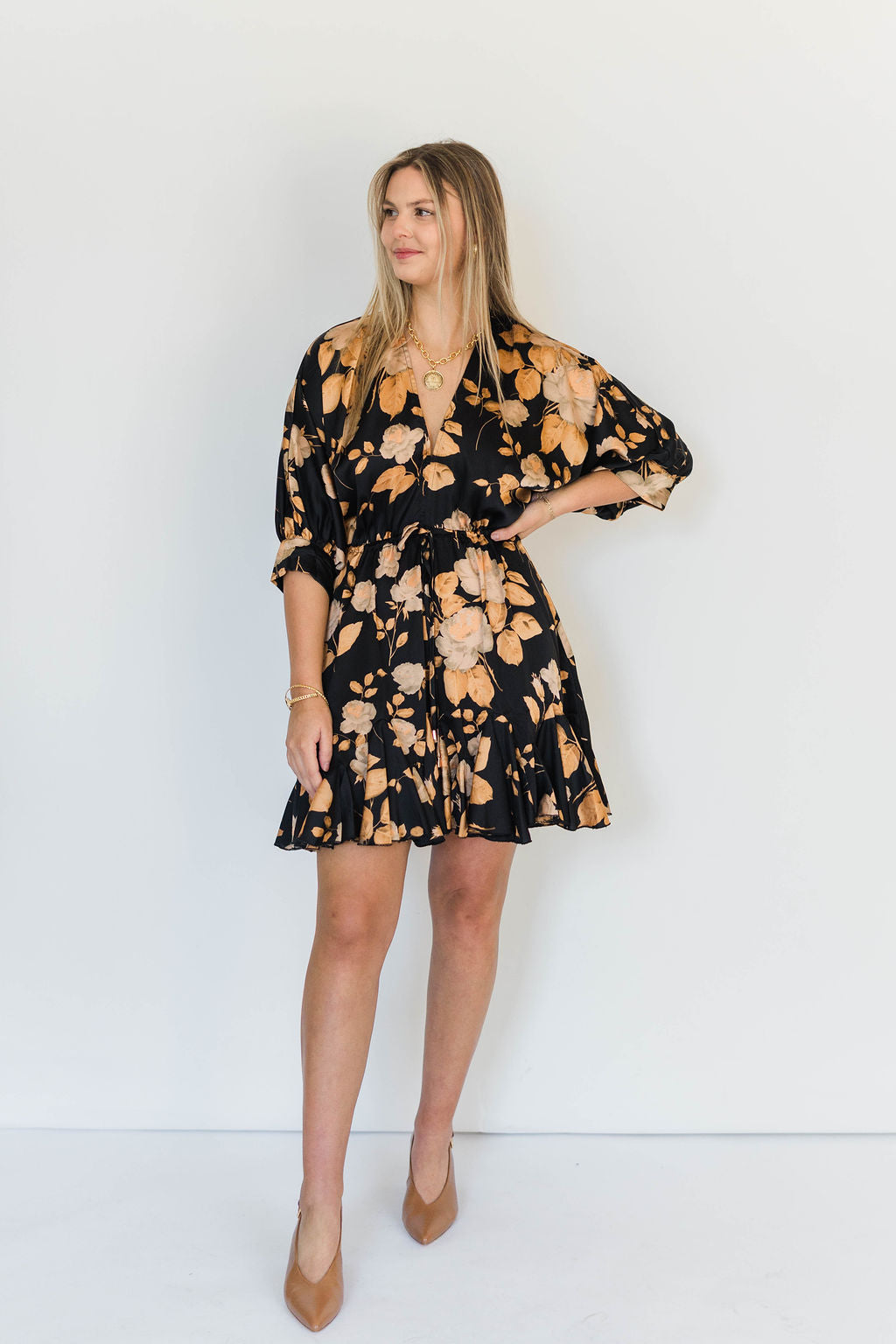 V-NECK SATIN FLORAL DRESS