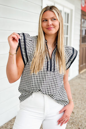GINGHAM RUFFLED SLEEVE TOP - LondonEE & Co. 