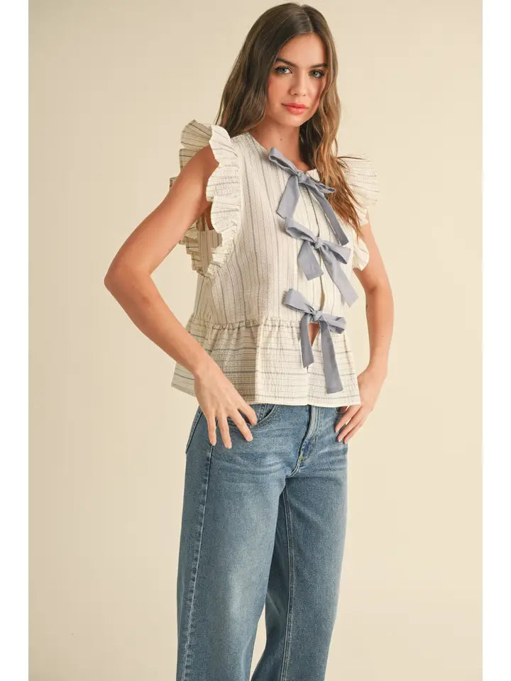 STRIPED TIE FRONT SLEVELESS BLOUSE