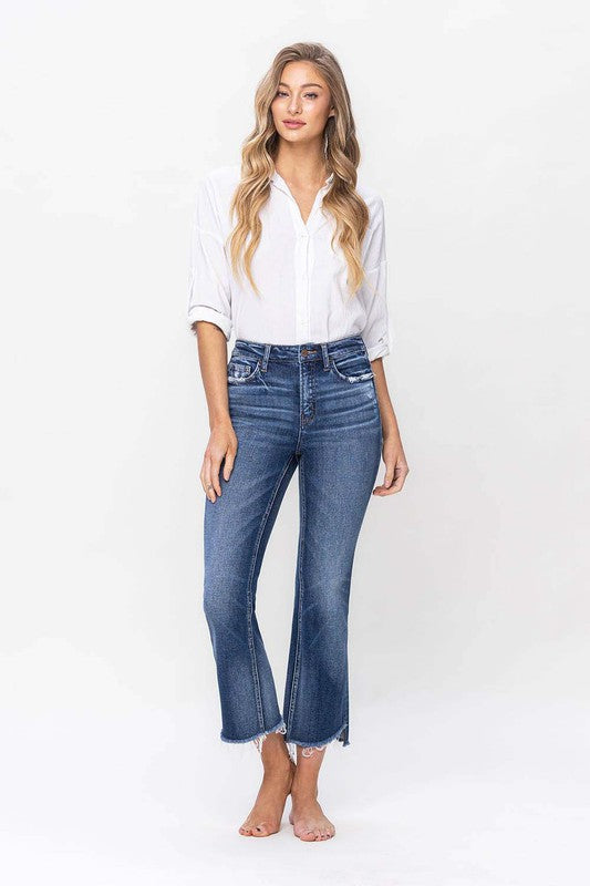 HIGH RISE CROP FLARE WITH STEP HEM JEANS