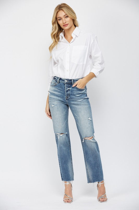 BUTTON FLY HIGH RISE STRAIGHT LEG JEANS