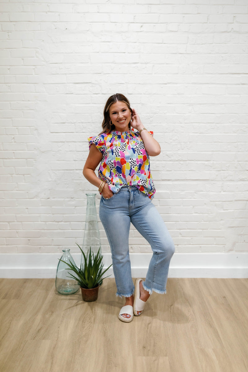 MIXED PRINT RUFFLE SLEEVE TOP
